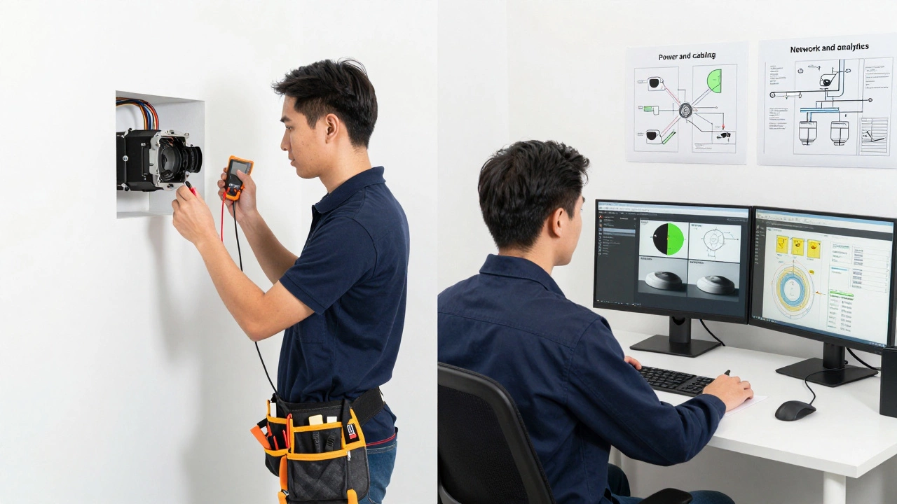 Side-by-side comparison of electrician hardware work and security integrator software setup