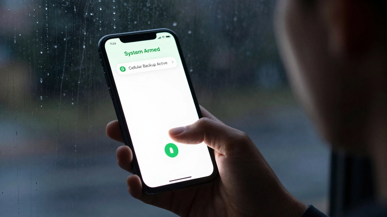 Smartphone showing Ring app active with cellular backup during a storm