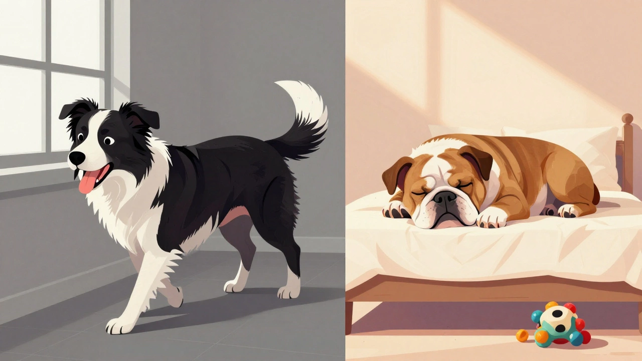 Split image contrasting an anxious pacing dog with a sleeping relaxed dog.