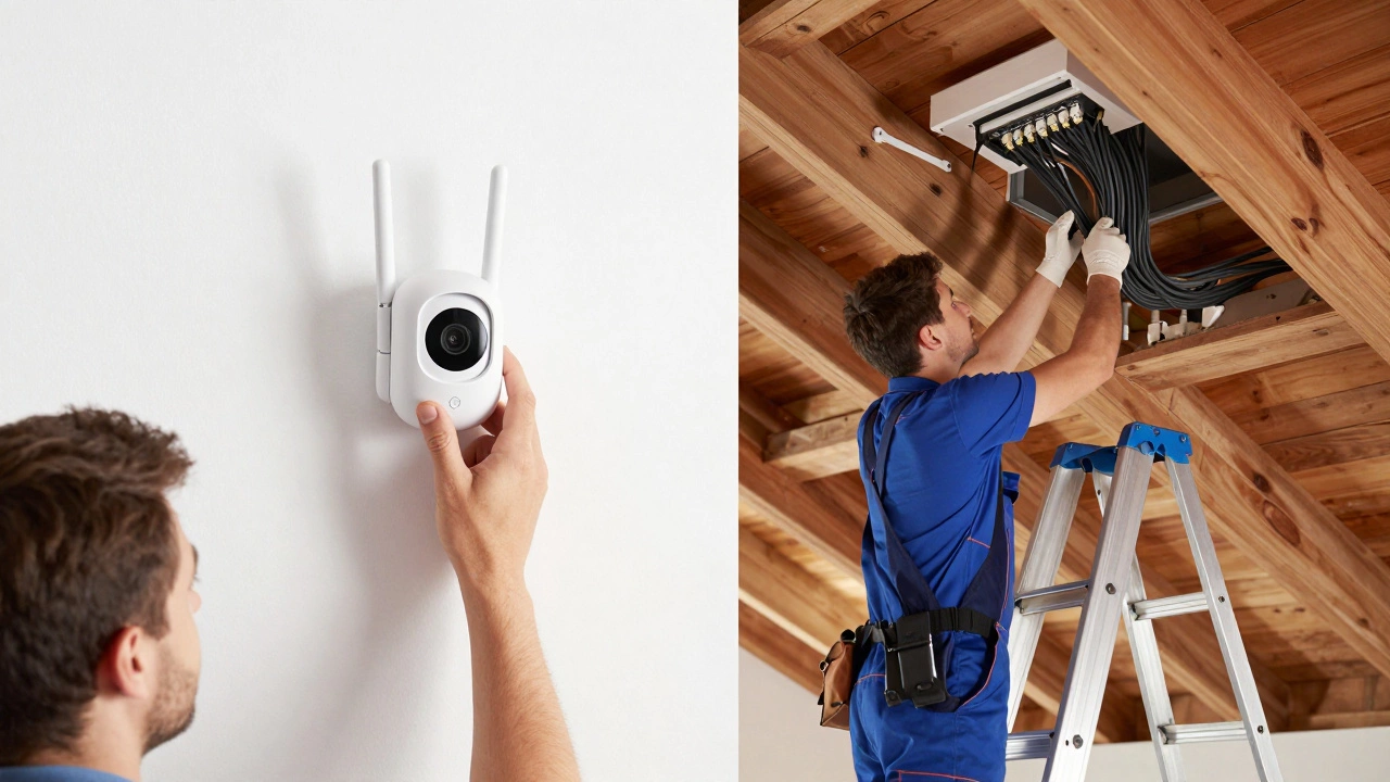 Split view comparing easy wireless vs complex wired camera install