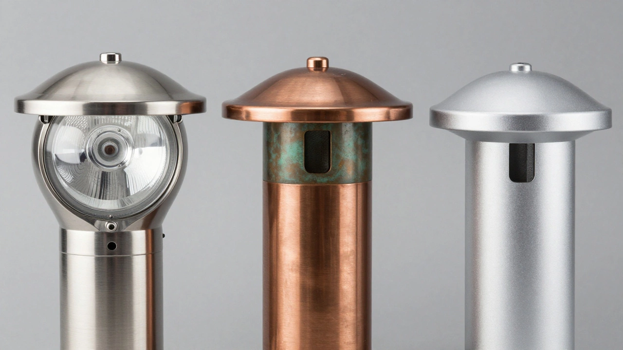 Stainless steel, copper, and aluminum bollard lights close-up
