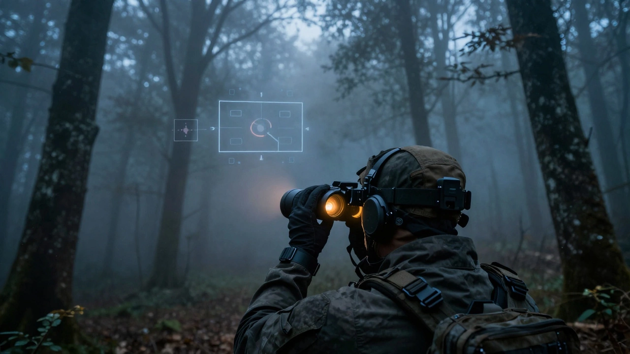 Tactical operator with AI fusion goggles in foggy forest