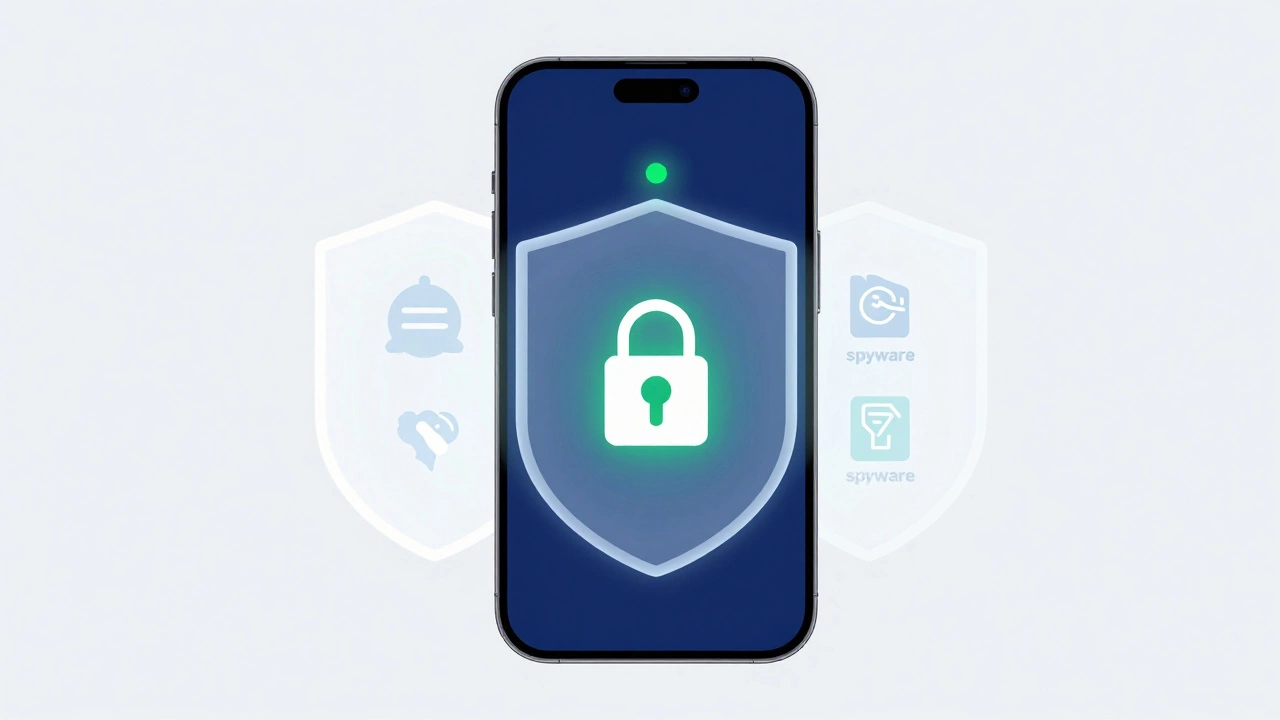 Vector graphic showing phone security shields and green privacy dot