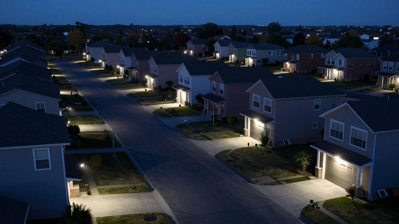 Aerial view of secure neighborhood with motion lights and protected homes