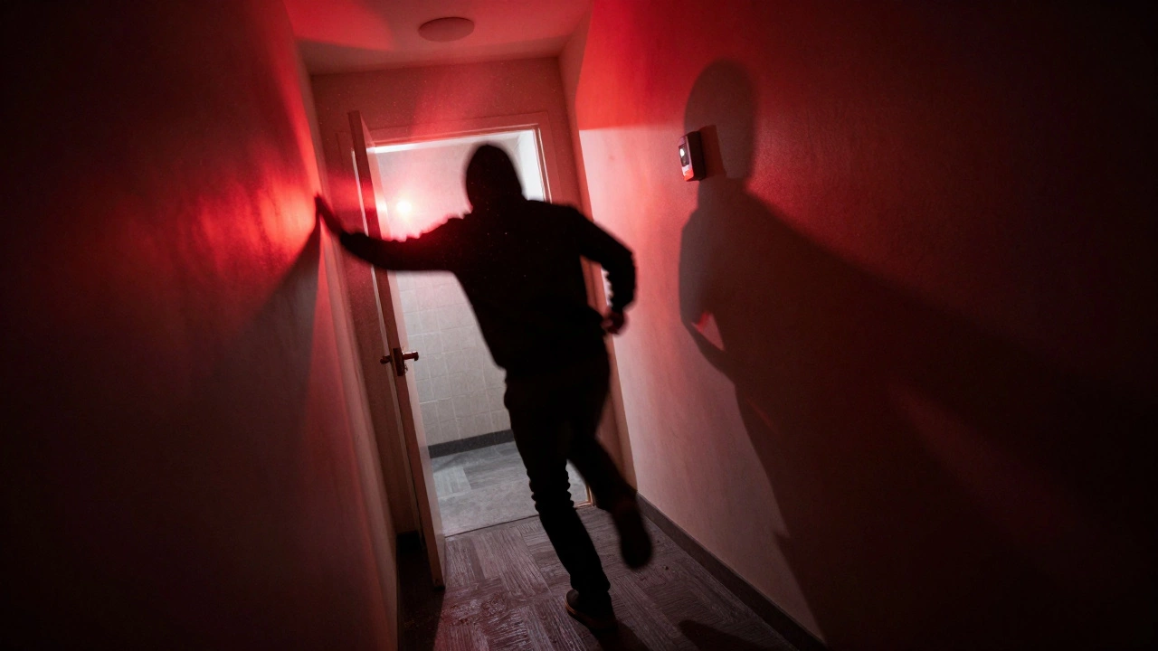 Burglar fleeing in panic as red alarm strobes flash inside house