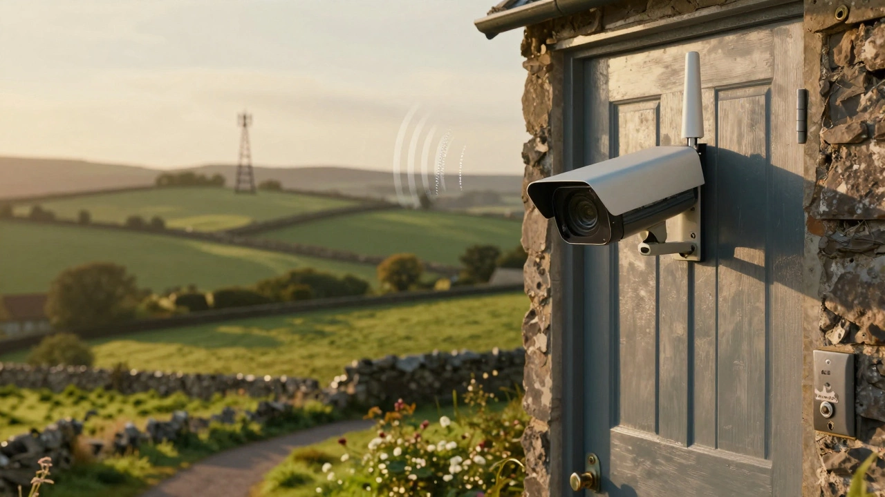 Cellular security camera on a rural UK home using 4G signal instead of broadband.