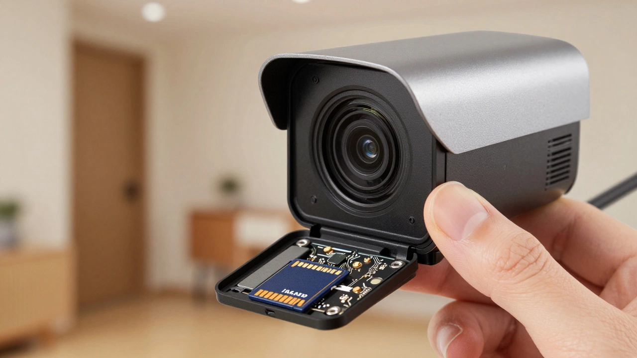 Close-up of a security camera with exposed SD card slot showing local storage capability.
