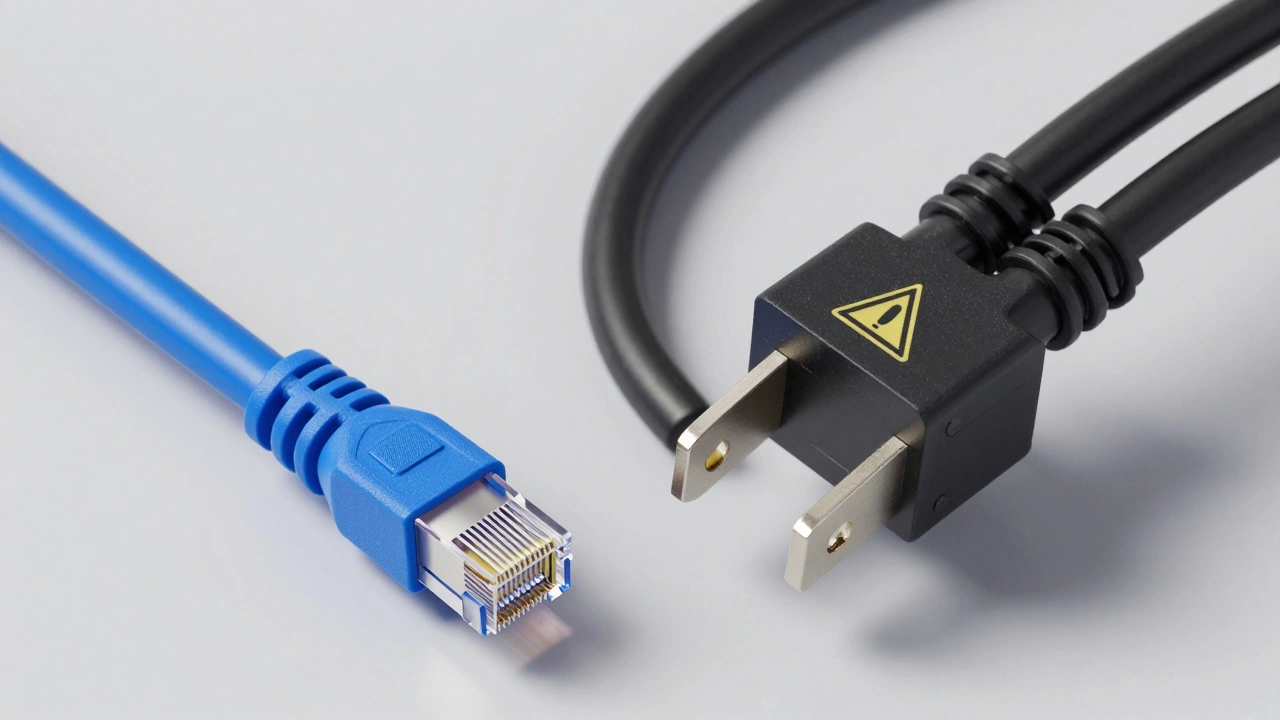 Comparison of blue Ethernet cable versus black mains power cable for CCTV