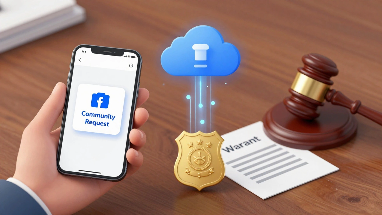 Conceptual art showing phone alerts, cloud data, and legal warrants