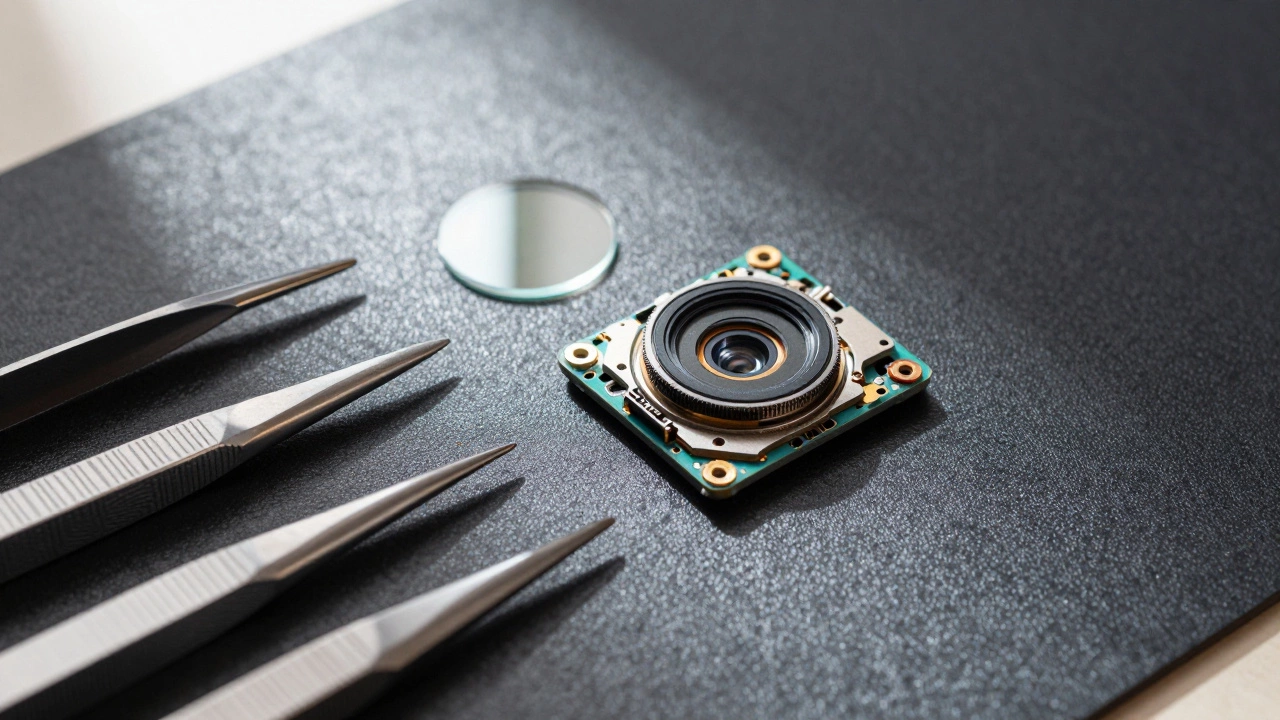 Disassembled phone camera module with removed IR filter and tools