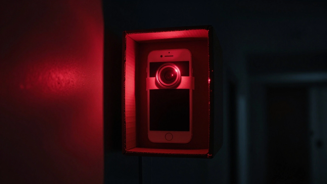 DIY phone security camera with red IR LEDs in a dark hallway