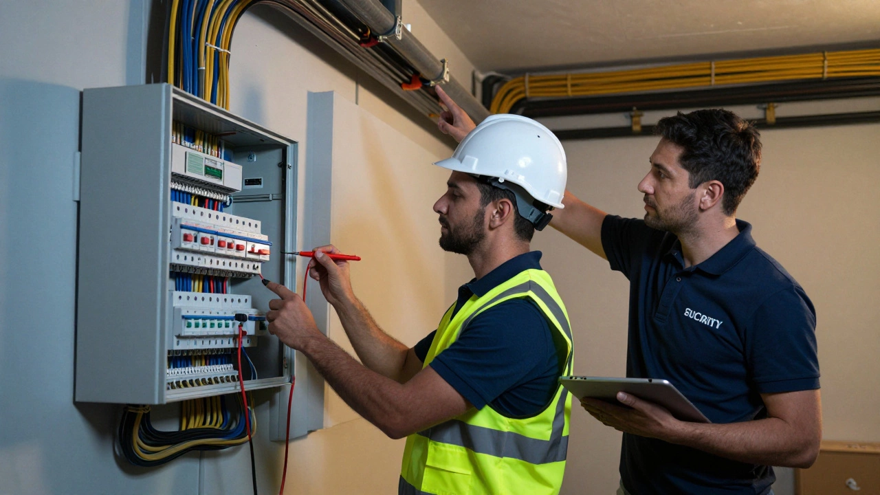 Electrician and security installer collaborating on wiring in a utility room