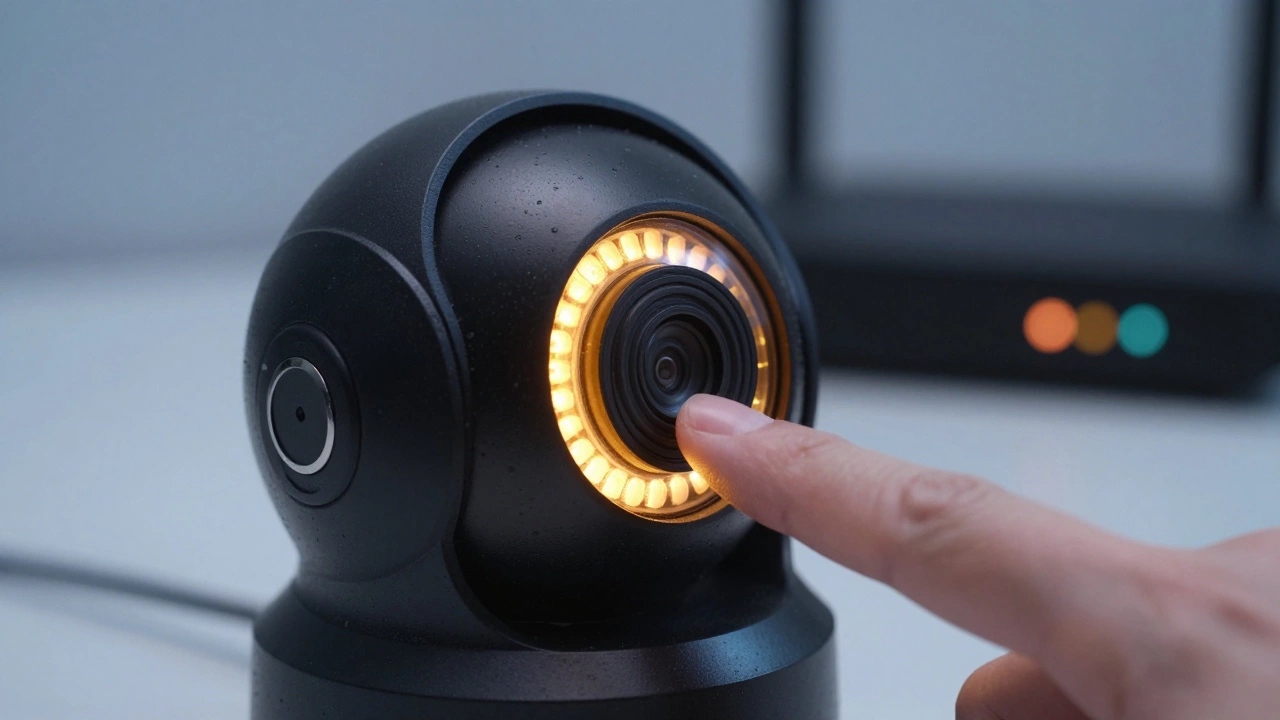 Finger pressing reset button on security camera with amber LED