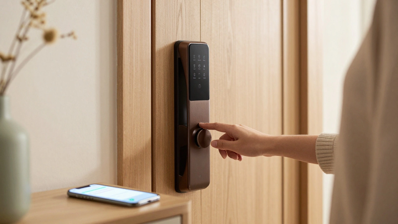 Hand engaging a smart door lock in a bright, secure hallway setting.