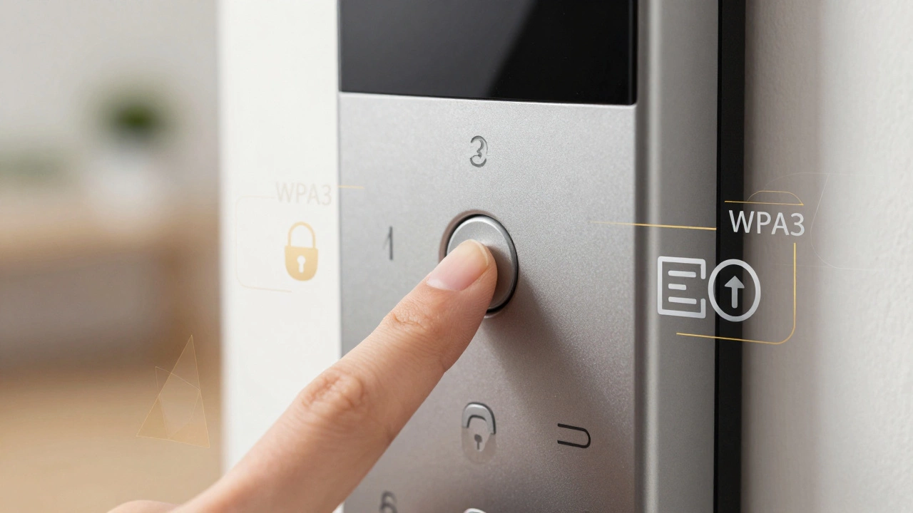 Hand locking a smart door with encryption graphics overlay