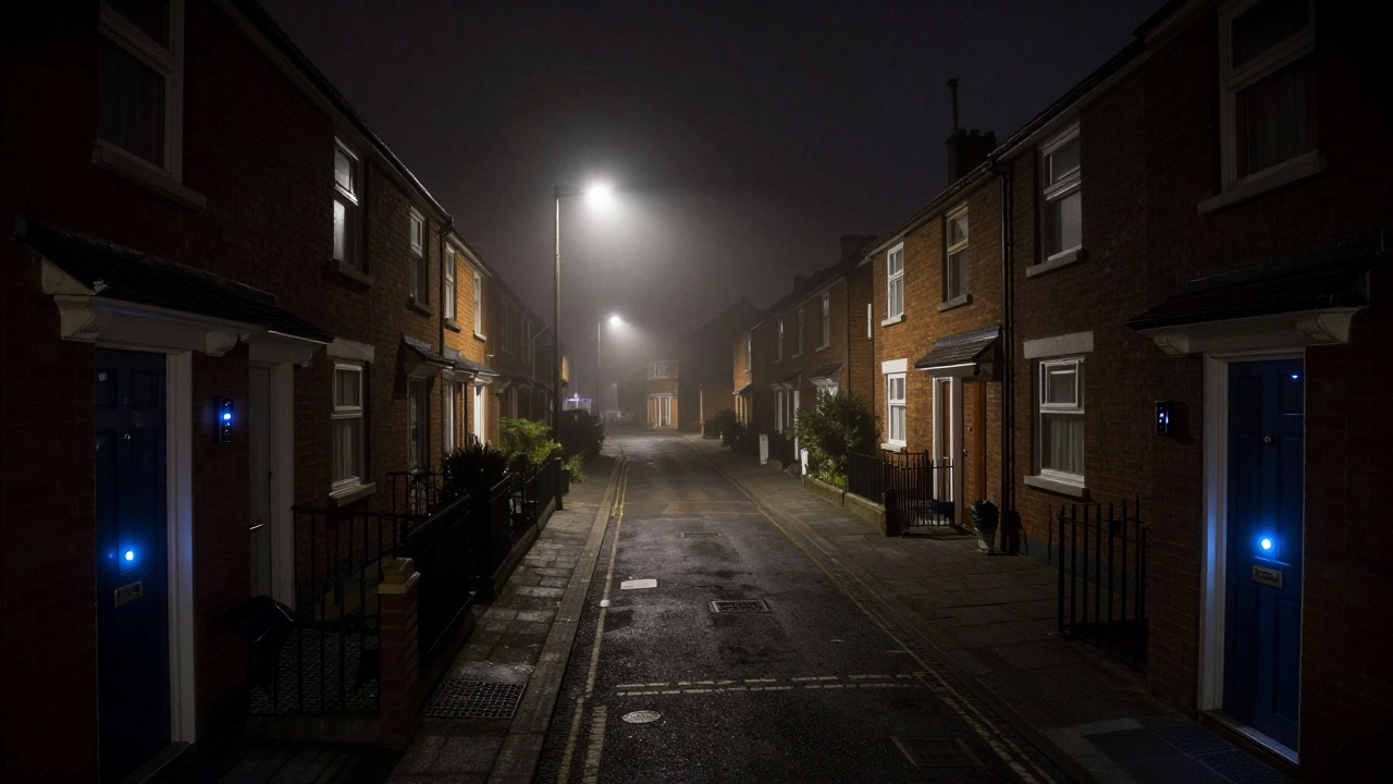 Moody night view of a UK street with multiple doorbell cameras