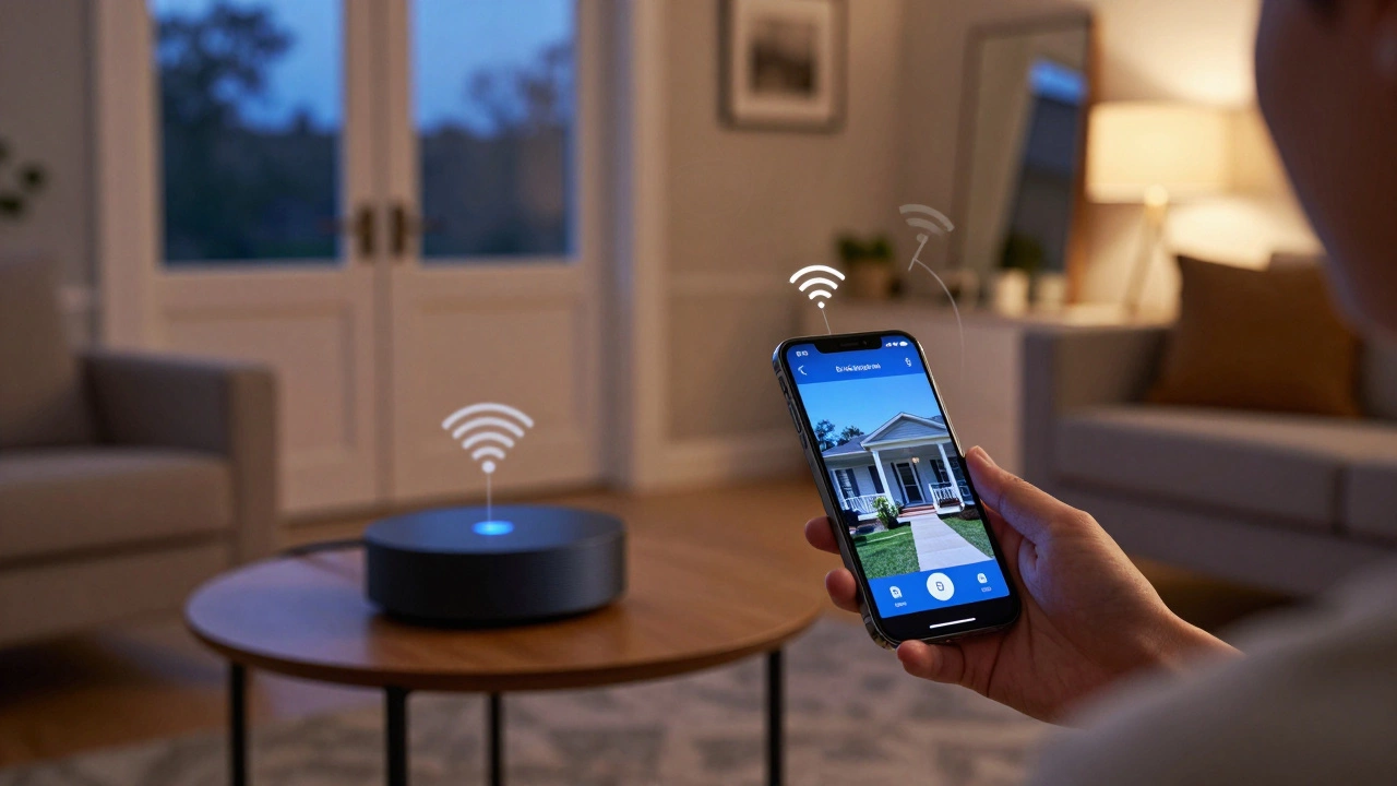 Person checking home security camera feed on smartphone