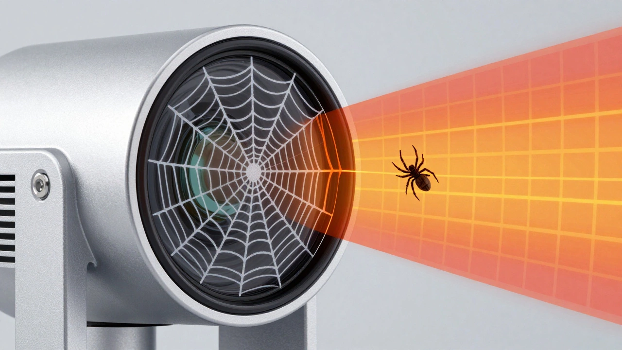 Spider web on a PIR motion sensor lens causing false heat detection