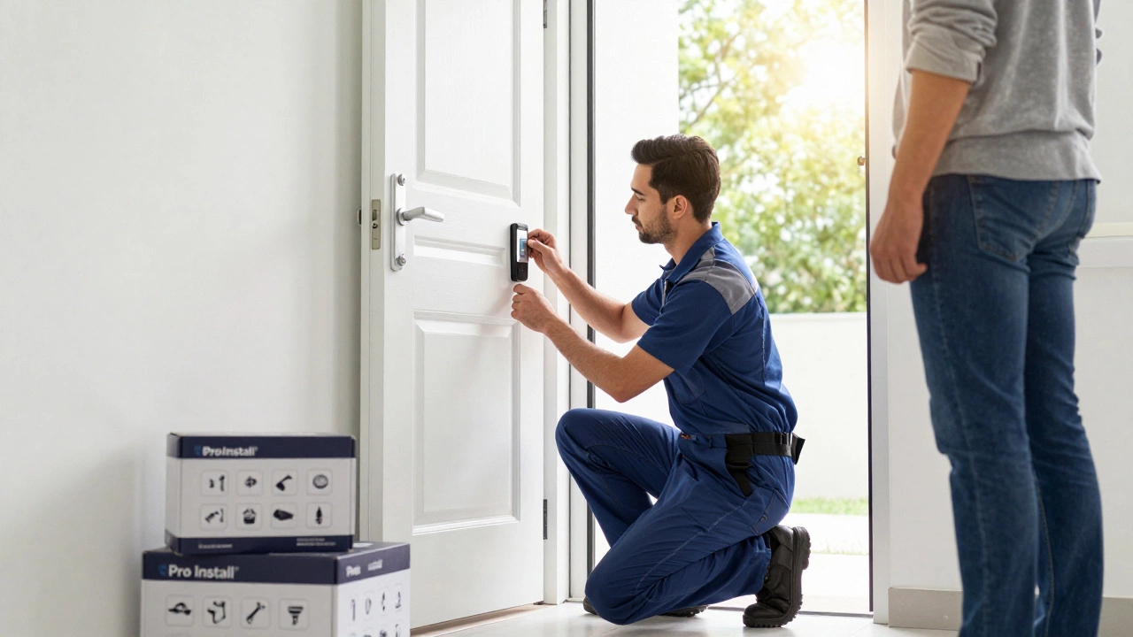 Technician installing ADT door sensor while homeowner watches in daylight