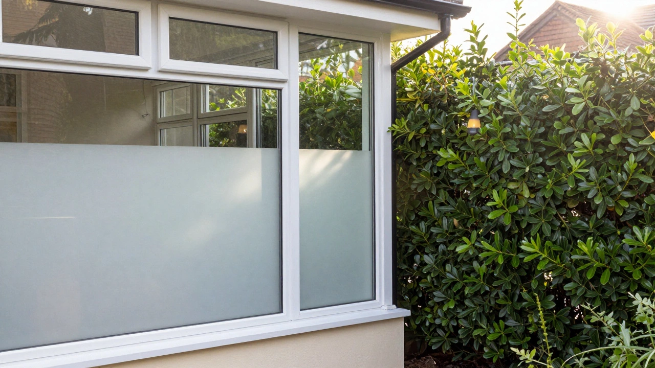 Window with frosted film and tall hedges blocking neighbor's camera view