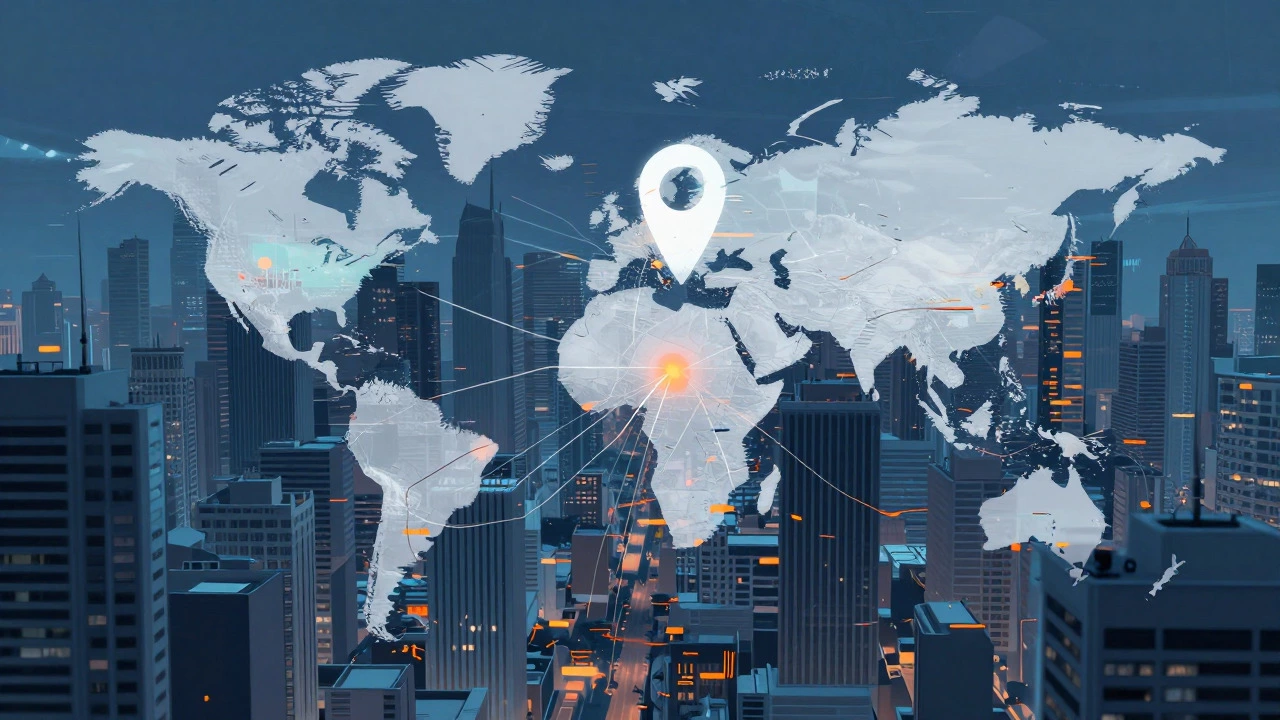 Abstract visualization of GPS signal errors and glitches over a city map