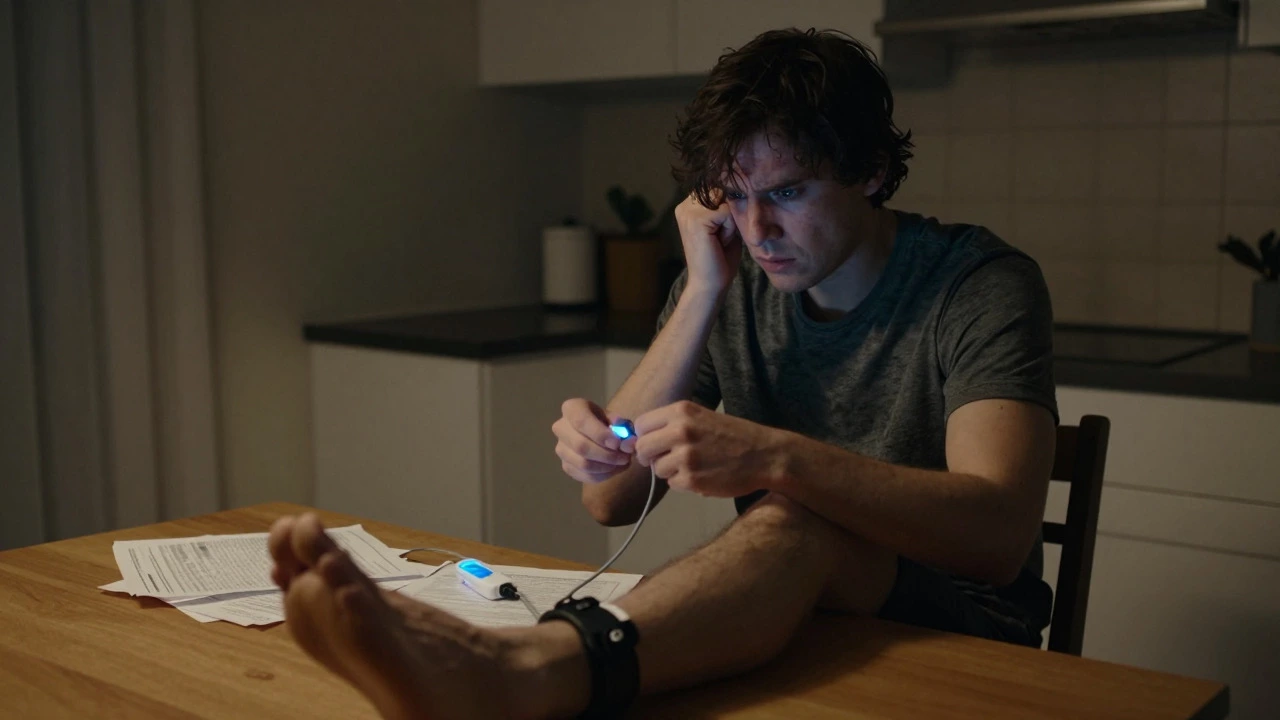 Anxious person watching their ankle monitor charge in a dark room