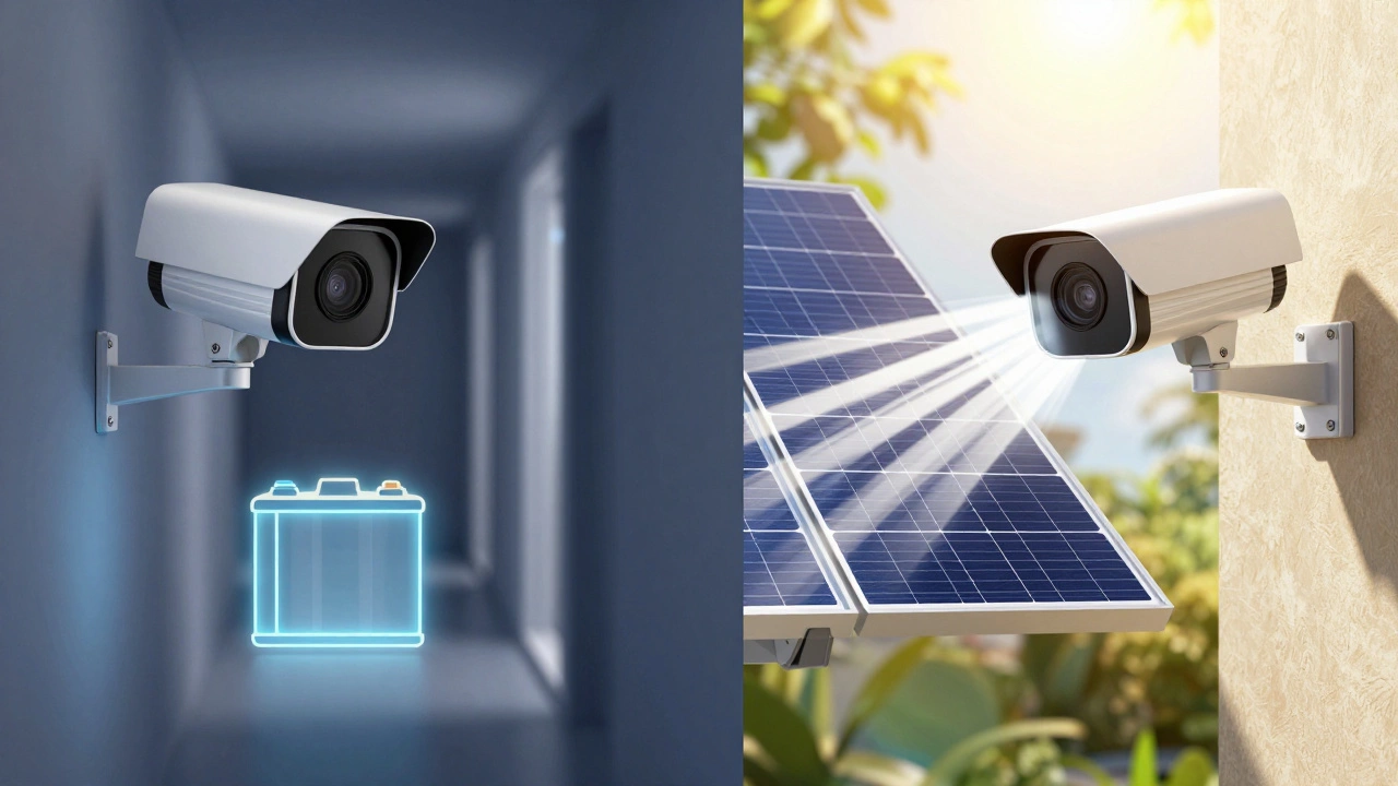 Comparison illustration of battery-powered vs solar-powered security cameras