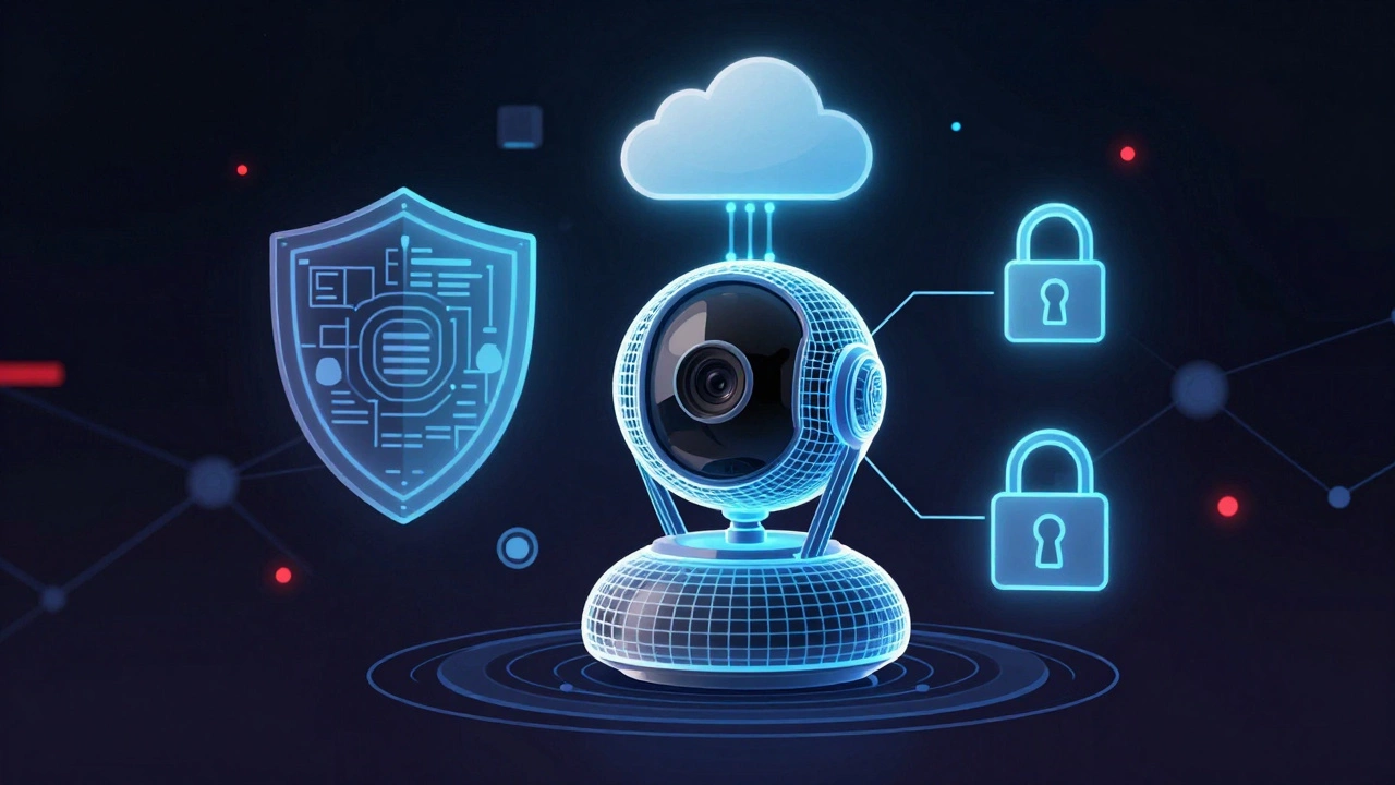 Digital illustration of smart baby monitor with security shields and data streams