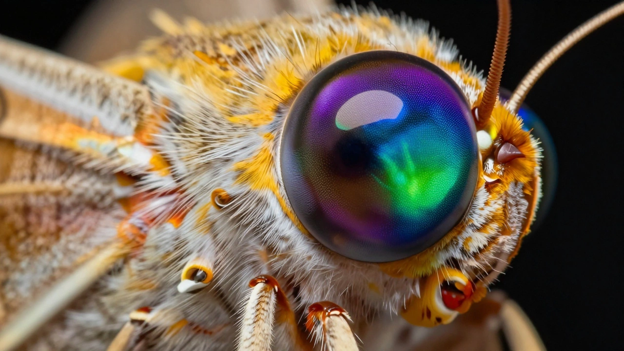 Macro view of moth eye showing sensitivity to UV and blue light spectra