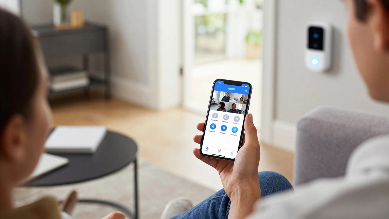 Person using smartphone app to monitor smart home security features