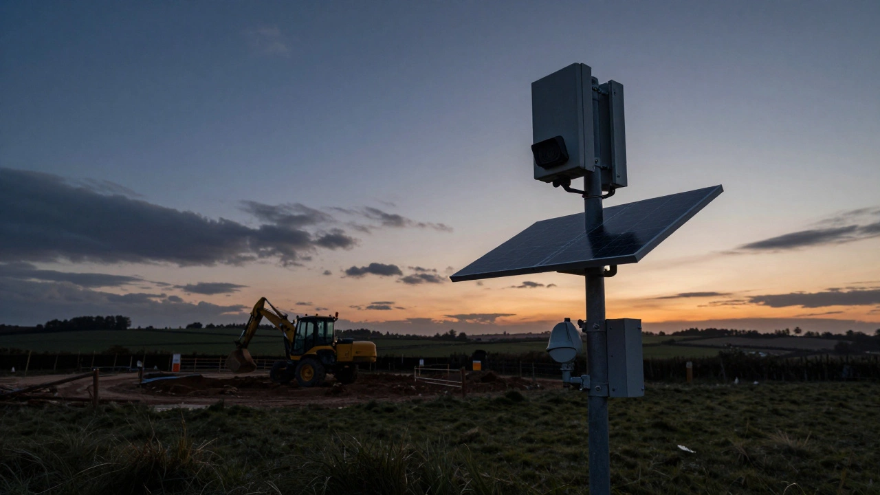Rugged cellular security camera with solar array at a remote construction site