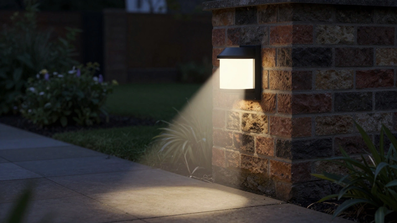Shielded outdoor lamp casting warm light downward to avoid insects