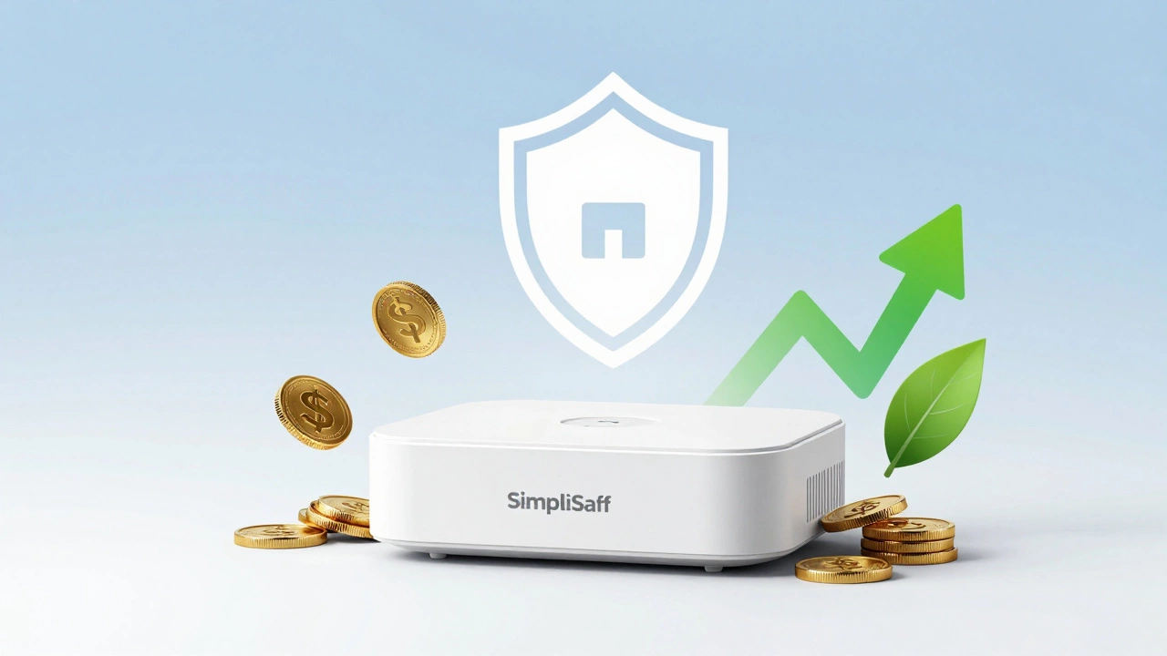 SimpliSafe base station with icons representing savings