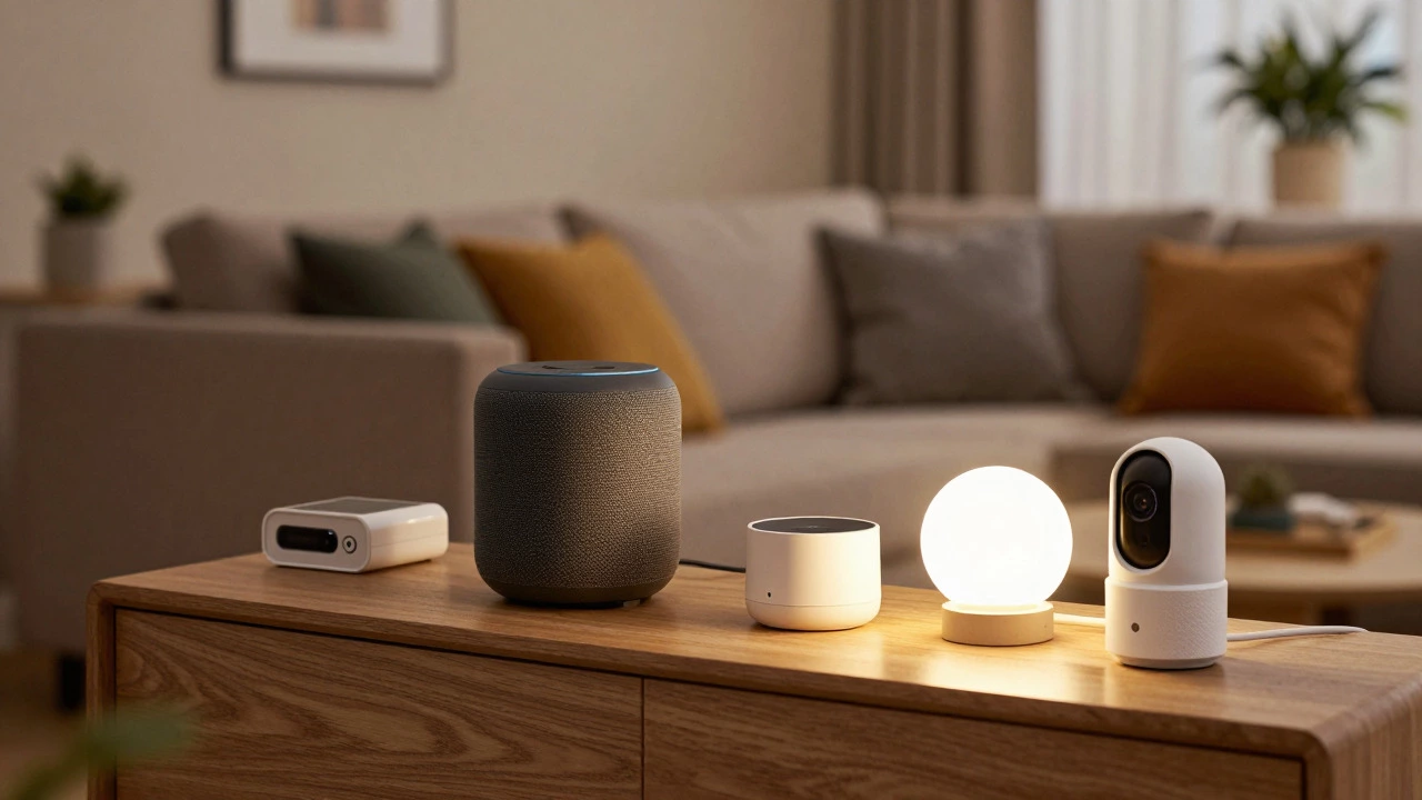 Smart home devices in a modern living room setting