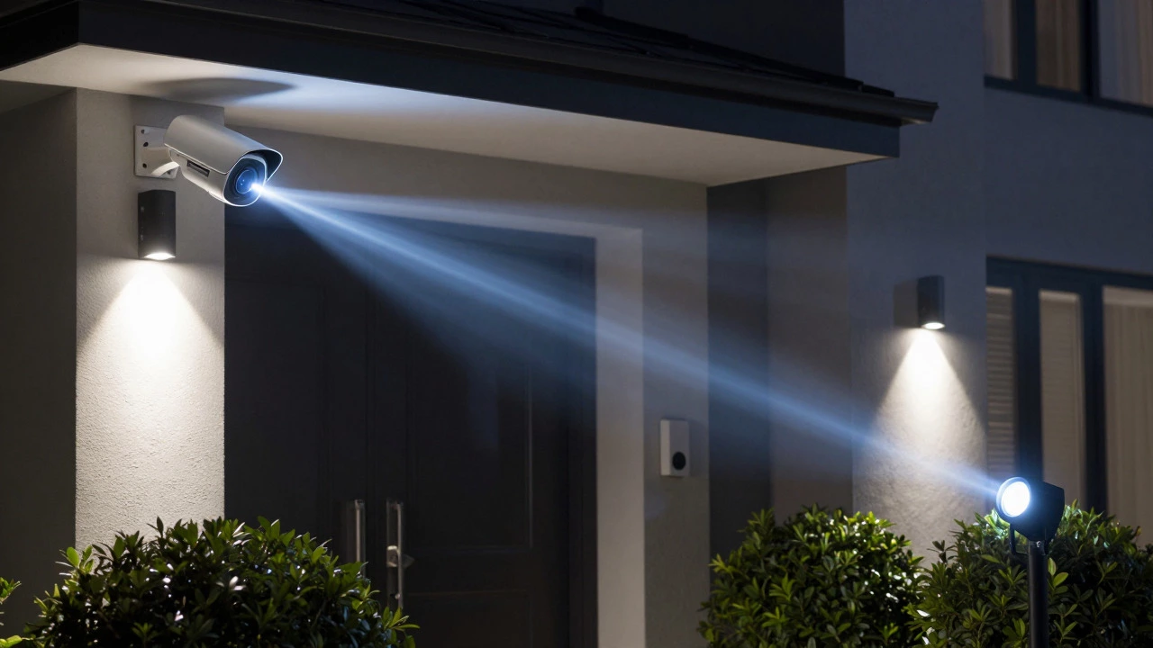 Smart home security cameras and lights at night