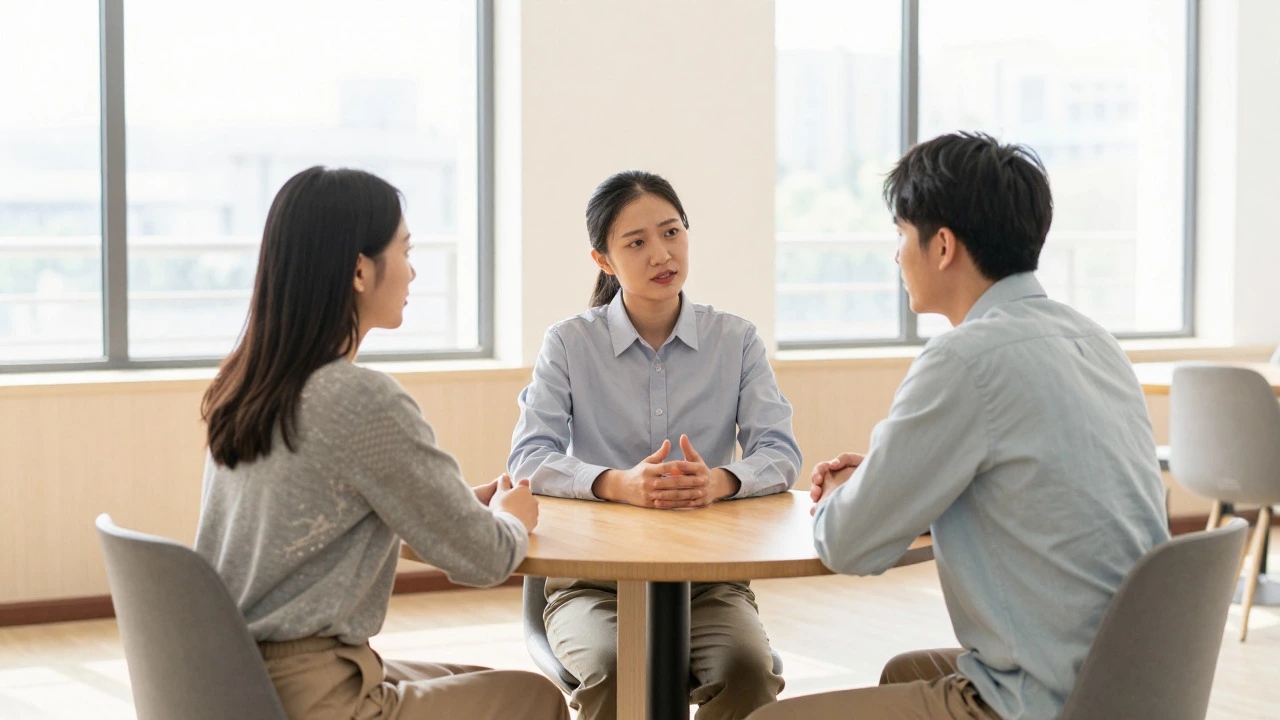 Two neighbors meeting with a mediator to resolve a dispute peacefully