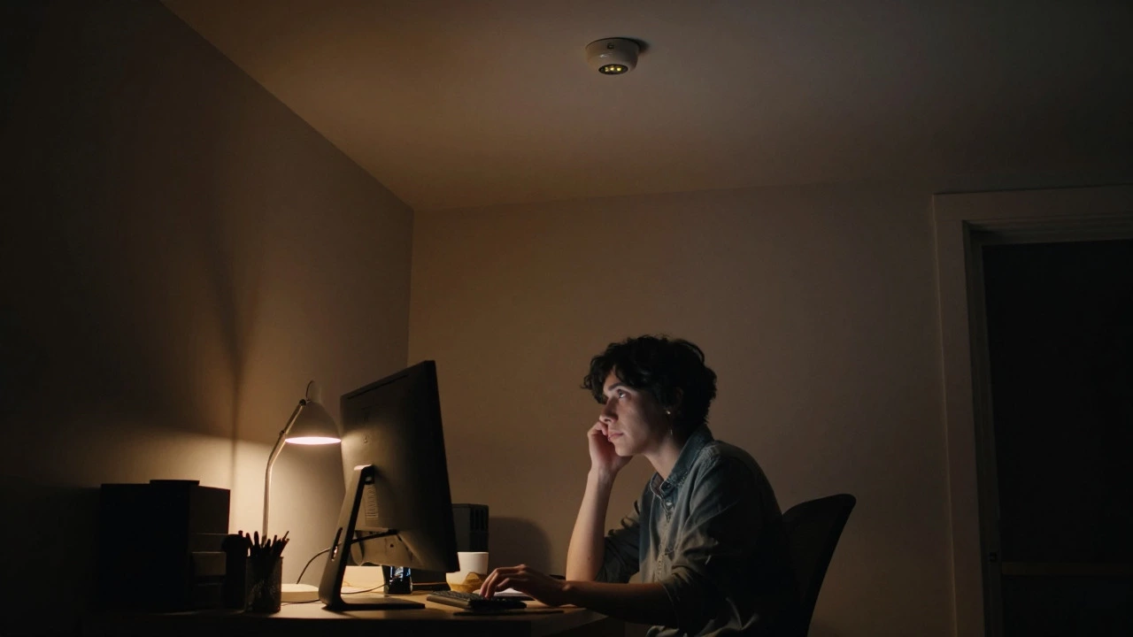 A person sitting in a dimly lit office after a motion sensor light fails to detect their stillness