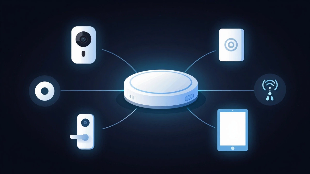 Abstract illustration of connected smart home security devices