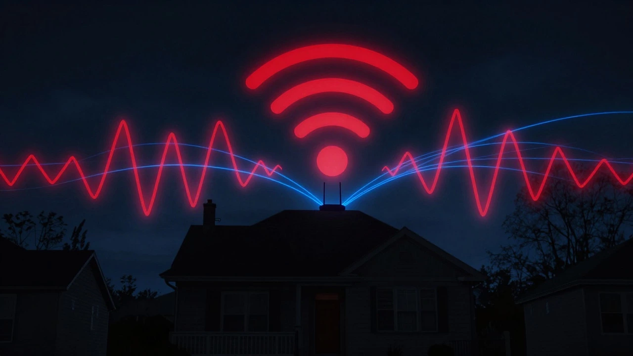 Abstract illustration of red waves disrupting blue signals above a house