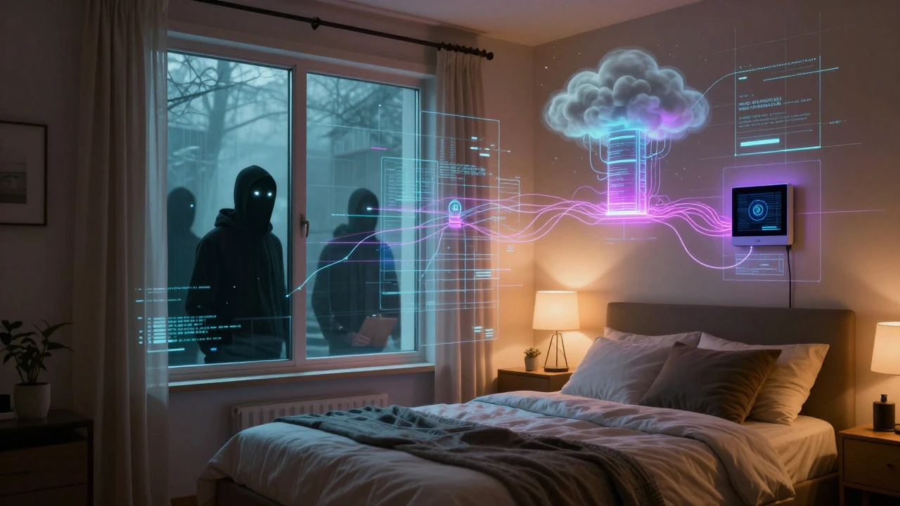 Bedroom scene overlaid with digital grid and shadowy hacker figures