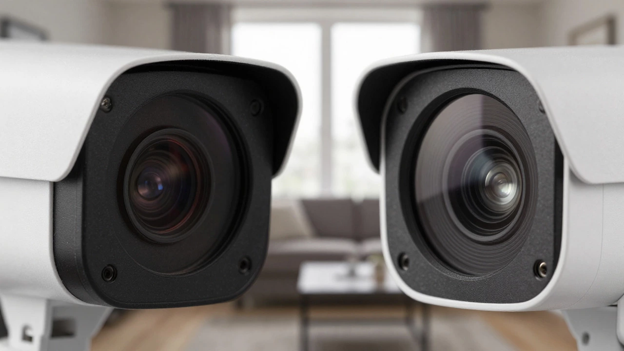 Close-up comparison of basic infrared and advanced color night vision camera lenses