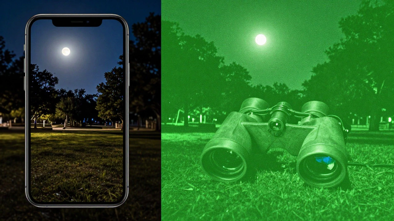 Conceptual comparison of colorful phone photo vs green night vision view