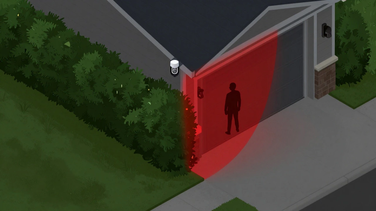 Diagrammatic view showing a blind spot created by a hedge blocking a motion sensor's range