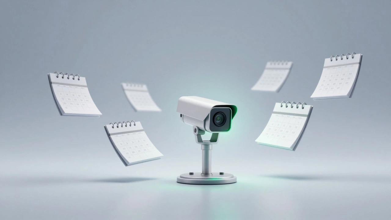 Digital illustration of a security camera representing one-time cost versus fading subscription calendars