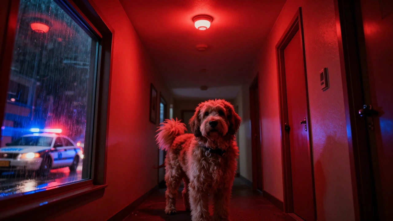 Dog standing under flashing red siren light with police outside window