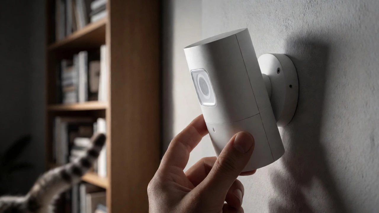 Hand adjusting a wall-mounted security sensor away from a cat-accessible bookshelf