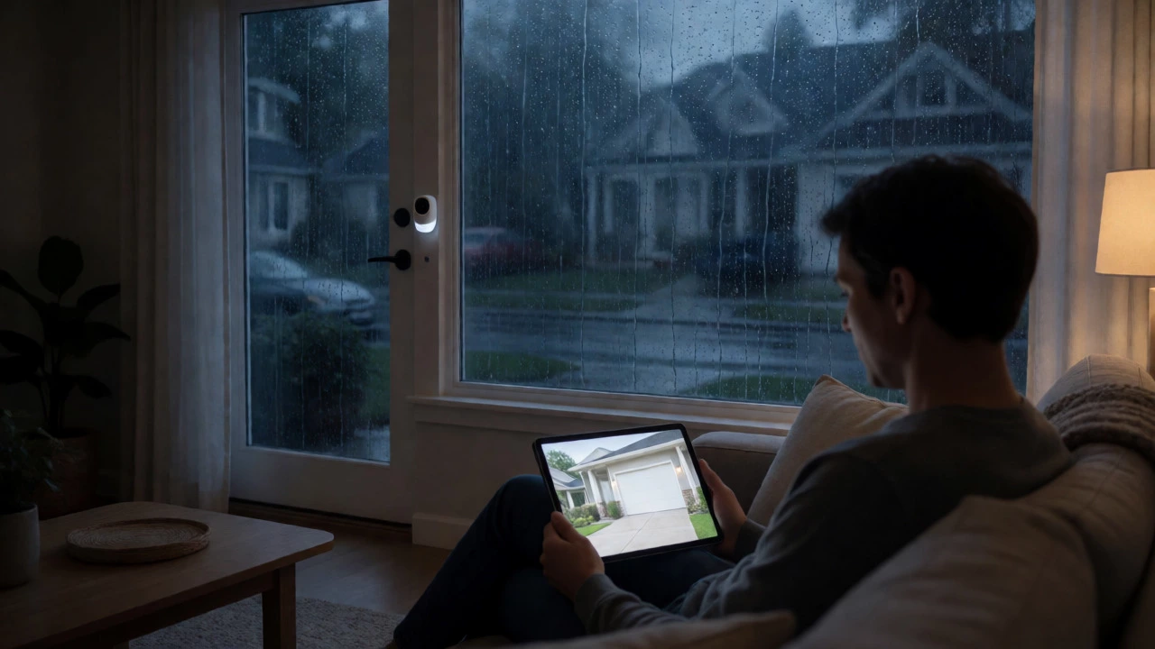 Homeowner checking tablet in a cozy room while it rains outside