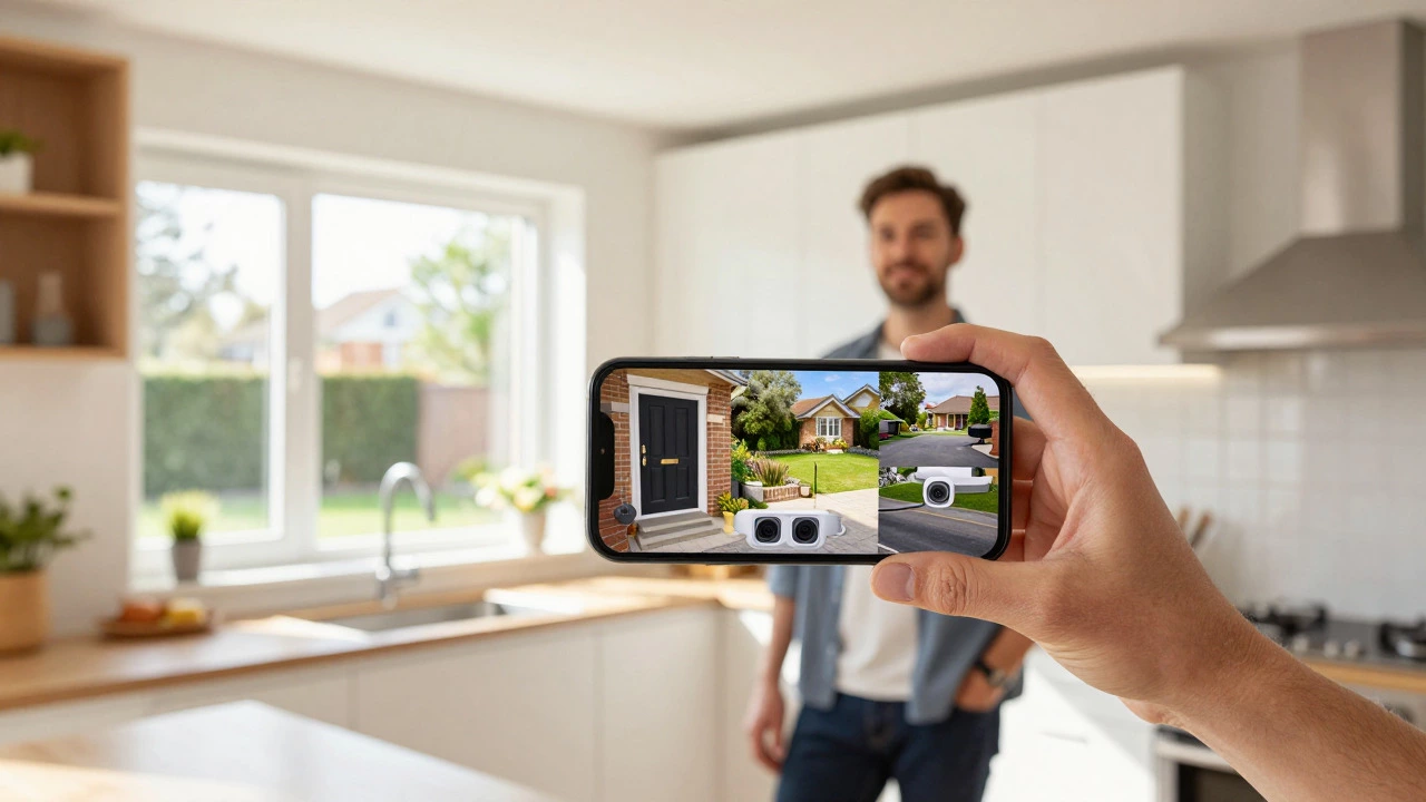 Homeowner viewing multi-camera live feed on smartphone in a kitchen