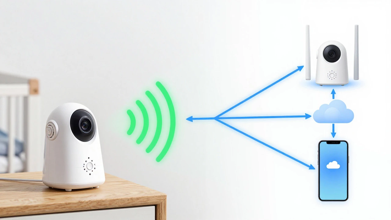 Illustration comparing direct RF signal vs cloud-based Wi-Fi connection