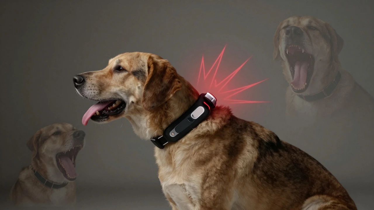 Illustration of stressed dog showing pain signals from e-collar